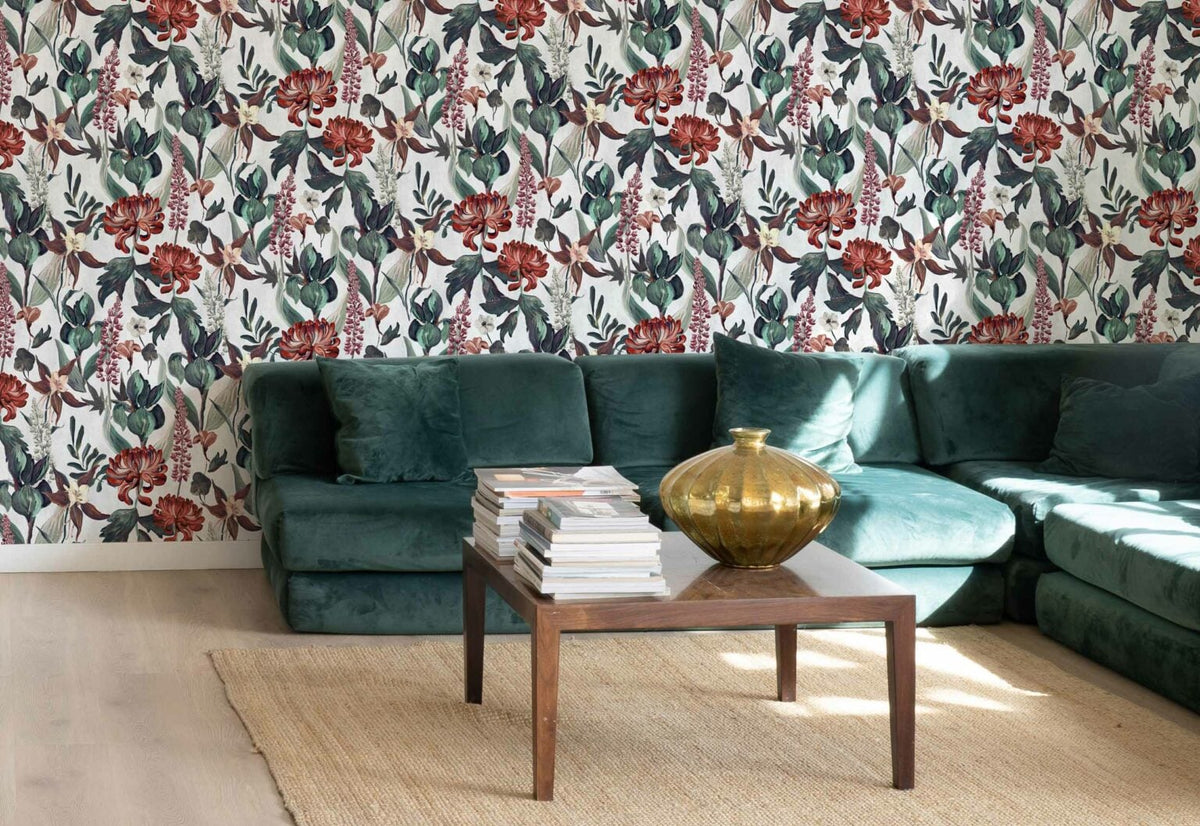 Jardín Rojo wallpaper by Coordonné in Cisne, shown in a styled room
