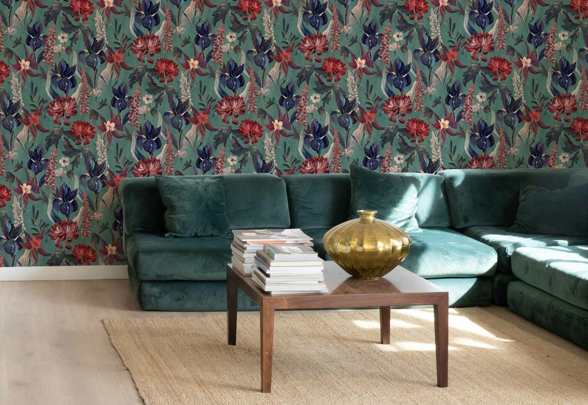 Jardín Rojo wallpaper by Coordonné in Menta, shown in a styled room