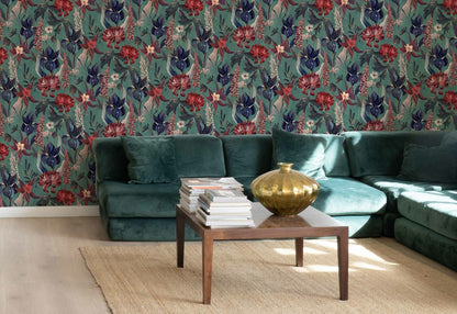 Jardín Rojo wallpaper by Coordonné in Menta, shown in a styled room