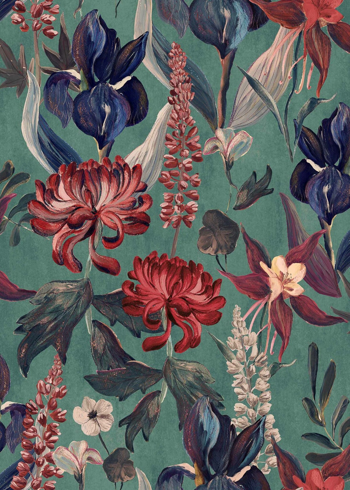 Jardín Rojo wallpaper by Coordonné in Menta, flat pattern view