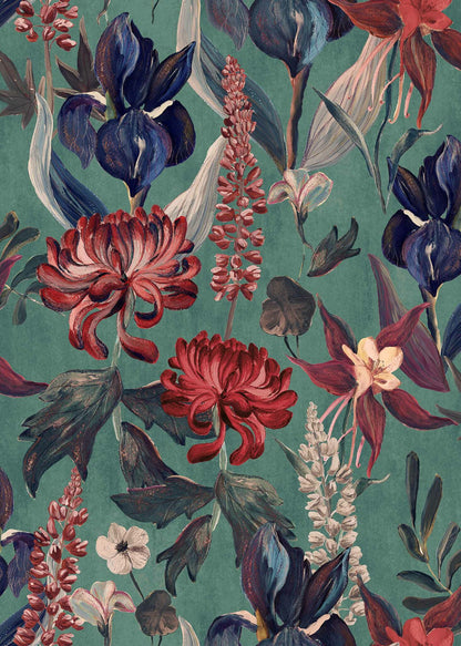 Jardín Rojo wallpaper by Coordonné in Menta, flat pattern view