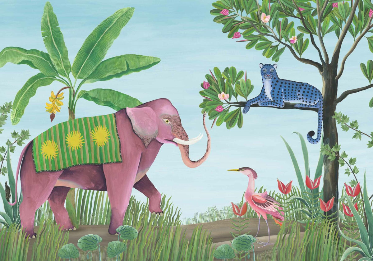 Jungle Friends mural by Coordonné in Glacier, flat pattern view