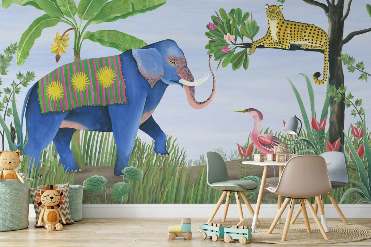 Jungle Friends mural by Coordonné in Lavender, shown in a styled room