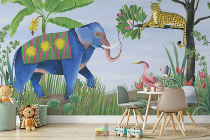 Jungle Friends mural by Coordonné in Lavender, shown in a styled room