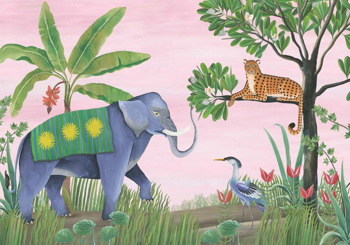 Jungle Friends mural by Coordonné in Peach, flat pattern view