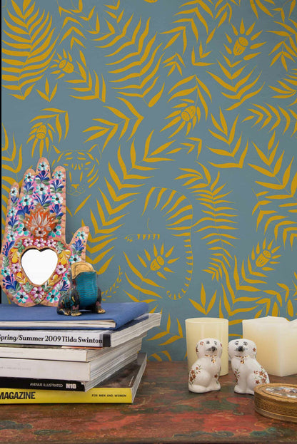 Jungle wallpaper by Coordonné in Azul, shown in a styled room