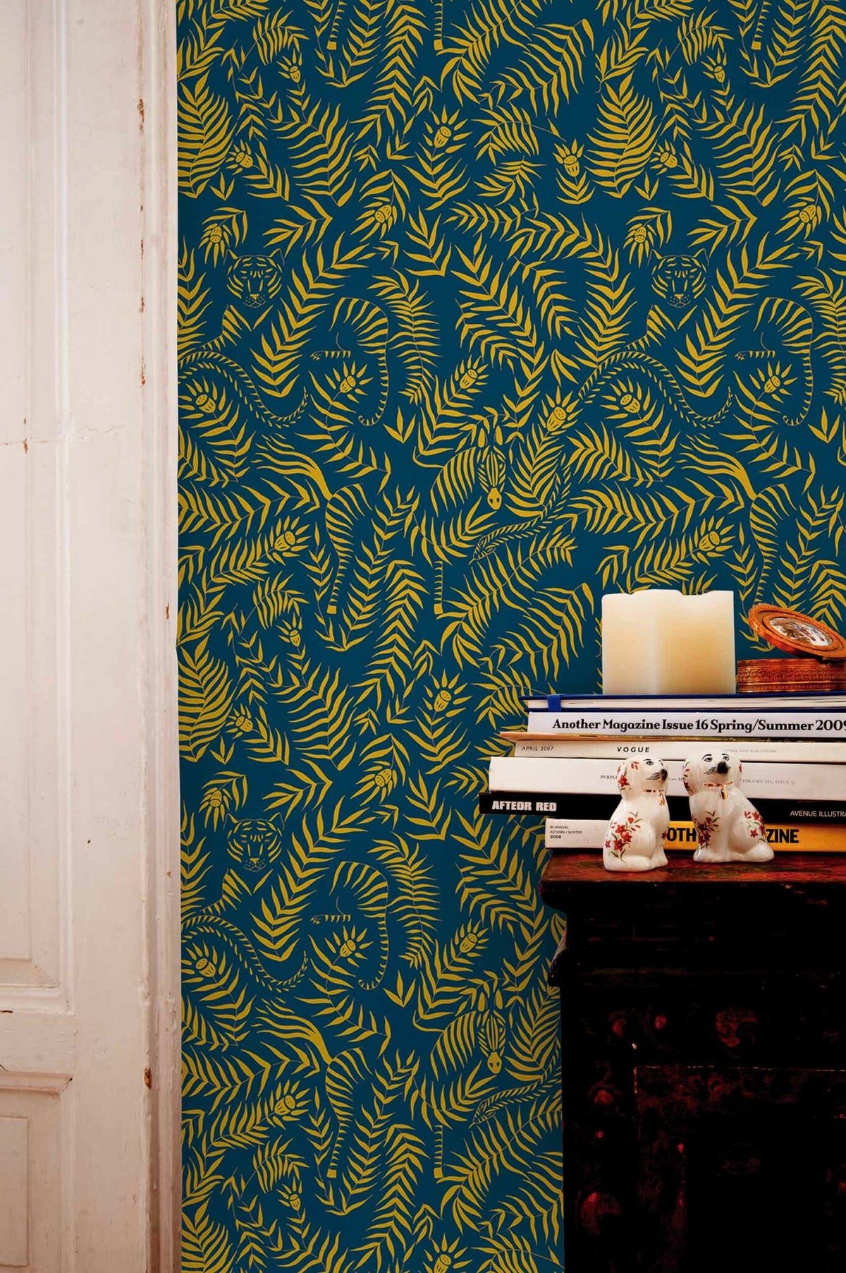 Jungle wallpaper by Coordonné in Marino, shown in a styled room