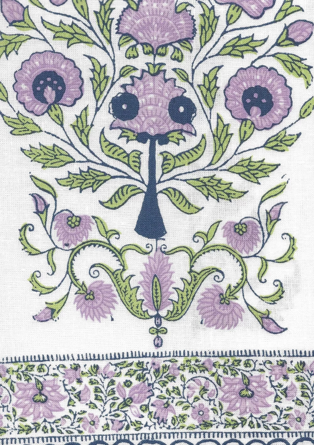 Kalamkari Lavender Green Navy on Ivory border fabric by Home Couture