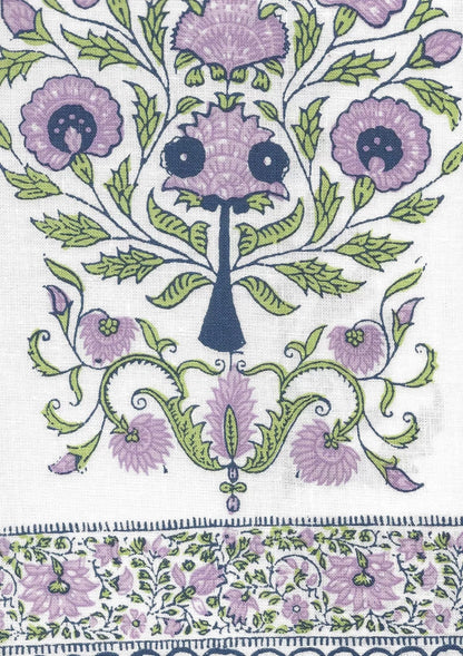 Kalamkari Lavender Green Navy on Ivory border fabric by Home Couture