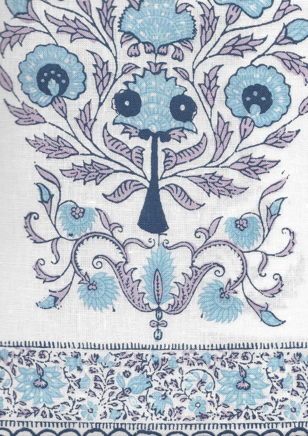 Kalamkari Lavender Sky Navy on Ivory border fabric by Home Couture