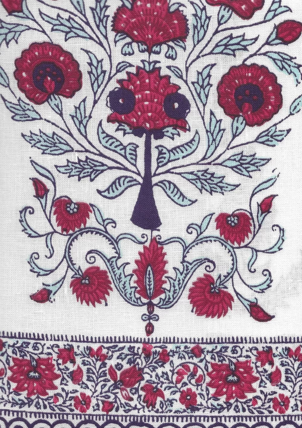 Kalamkari Red Burgundy Purple on Ivory border fabric by Home Couture
