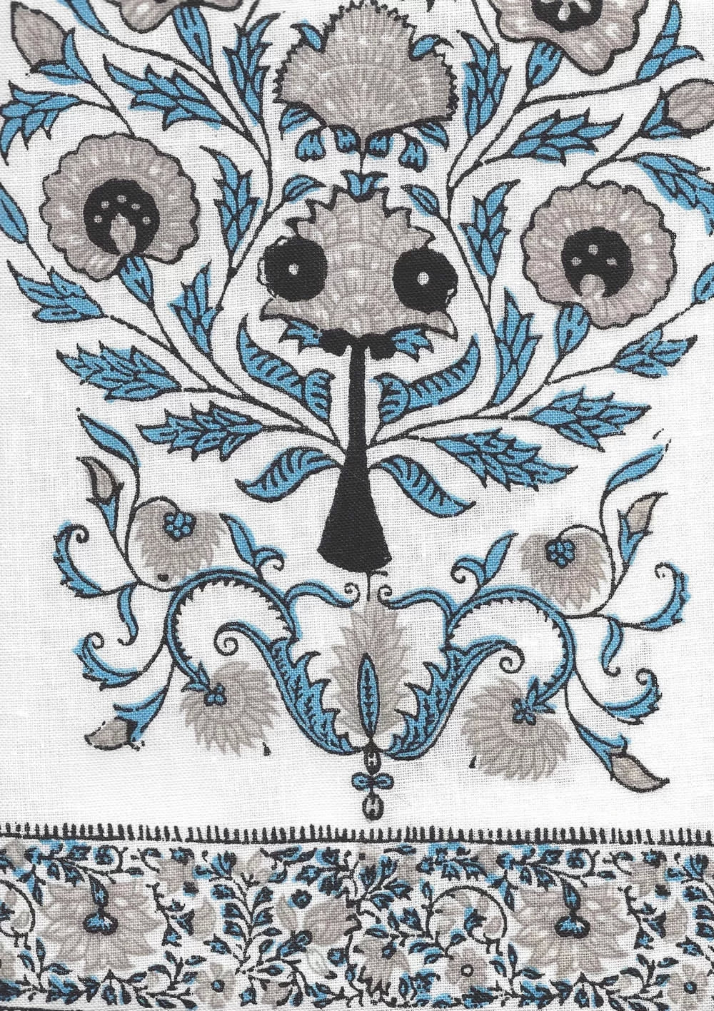 Kalamkari Celeste Grey Charcoal on Ivory border fabric by Home Couture