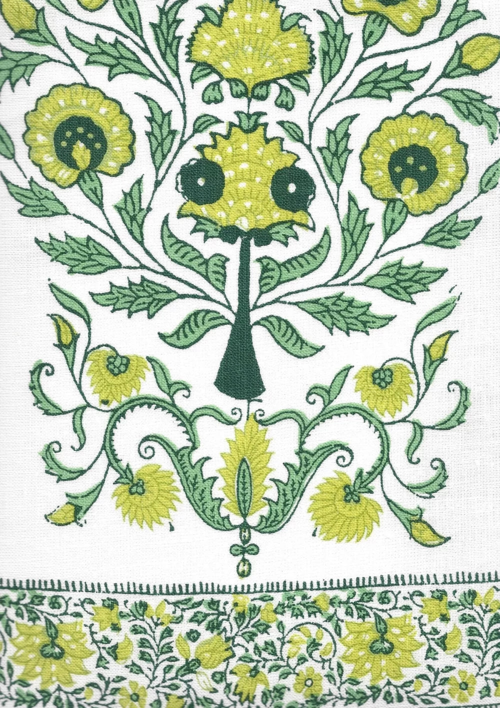 Kalamkari Green Lime Leaf on Ivory border fabric by Home Couture