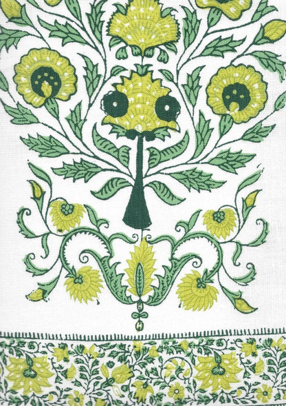 Kalamkari Green Lime Leaf on Ivory border fabric by Home Couture