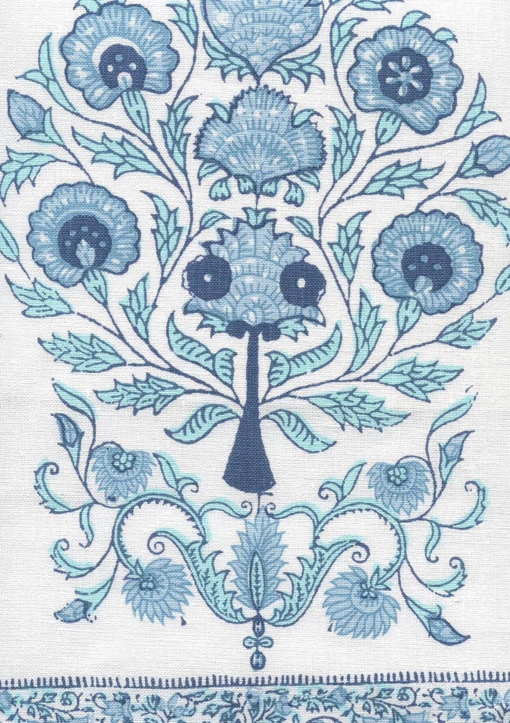 Kalamkari Seaside Turquoise Navy on Ivory border fabric by Home Couture