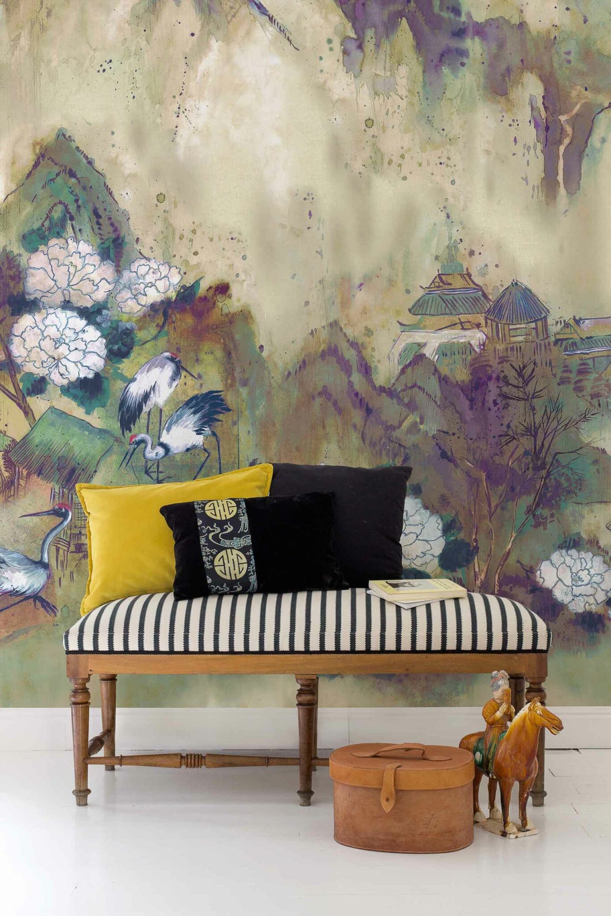 Kasgar mural by Coordonné in Grape, shown in a styled room