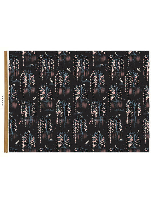 Kyoto Blossom Linen Fabric by Divine Savages in Black Cherry, pattern swatch