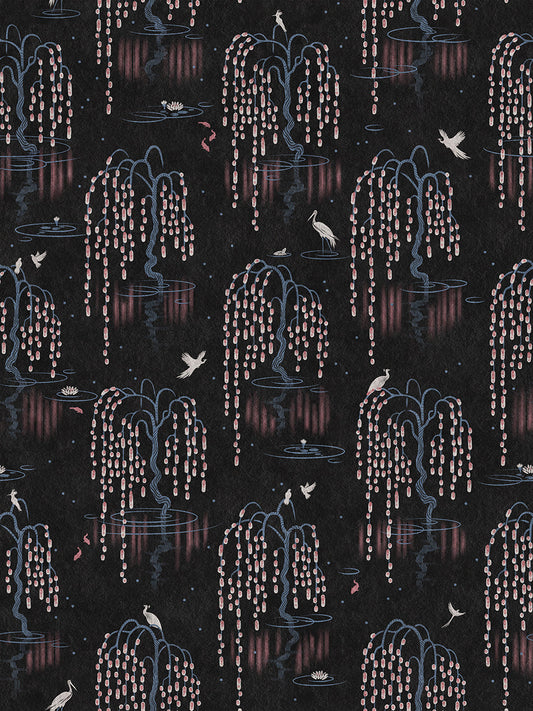 Kyoto Blossom Wallpaper by Divine Savages in Black Cherry, pattern swatch