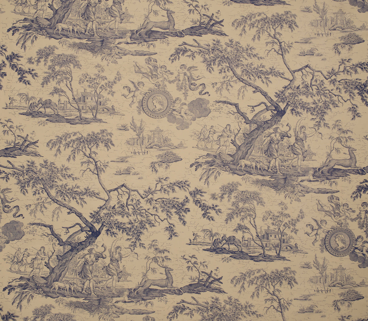 La Chasse Fabric by Marvic Textiles in Blue on Ecru
