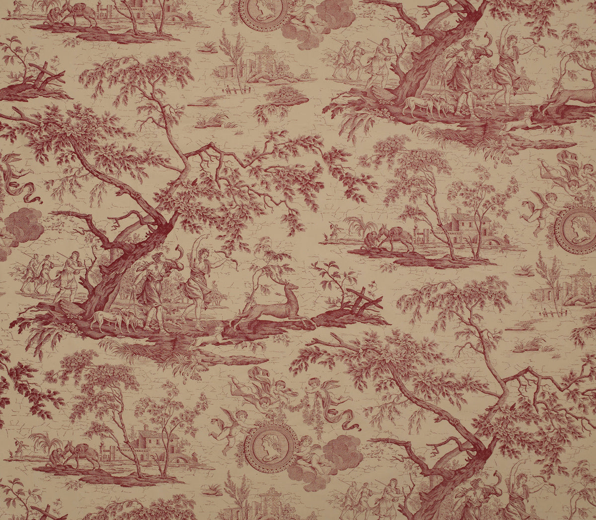 La Chasse Fabric by Marvic Textiles in Burgundy on Ecru