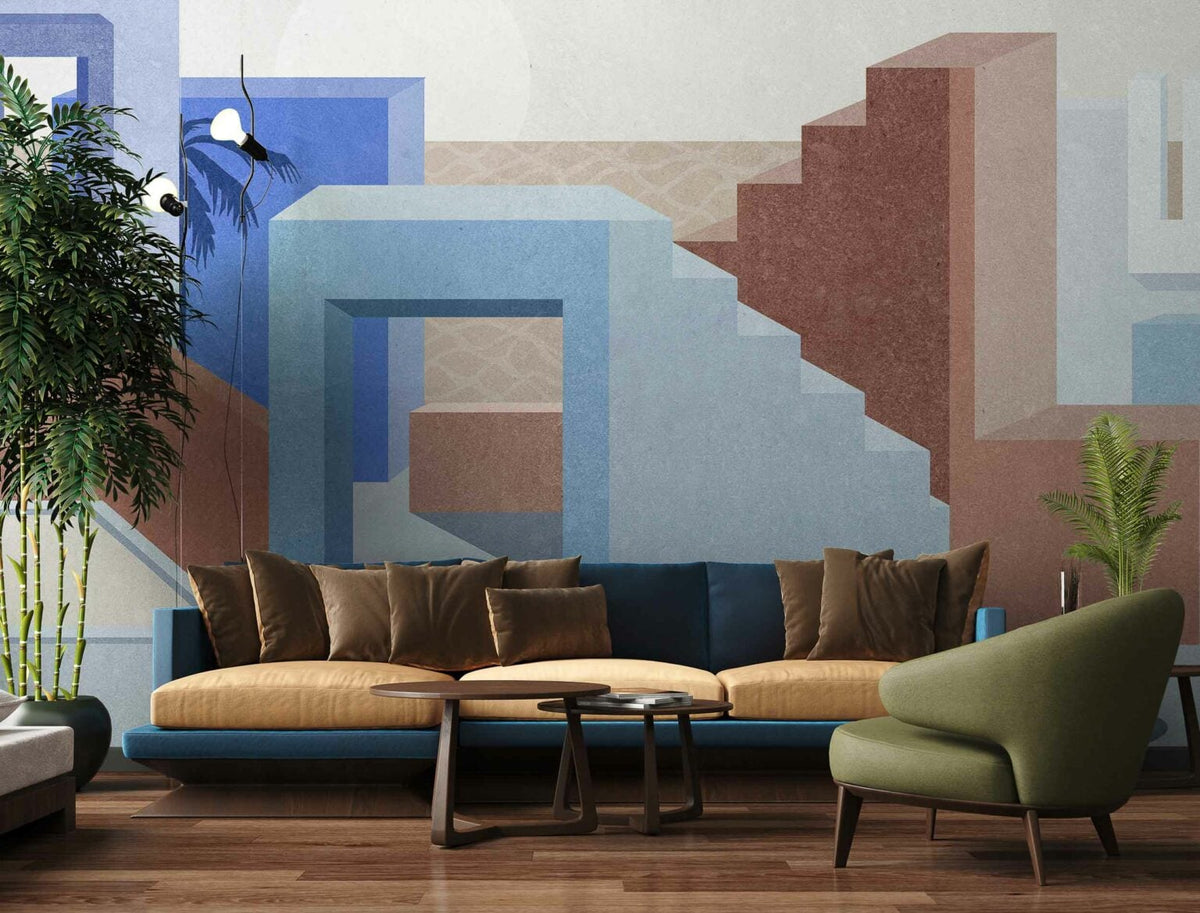 La Muralla mural by Coordonné in Blue, shown in a styled room