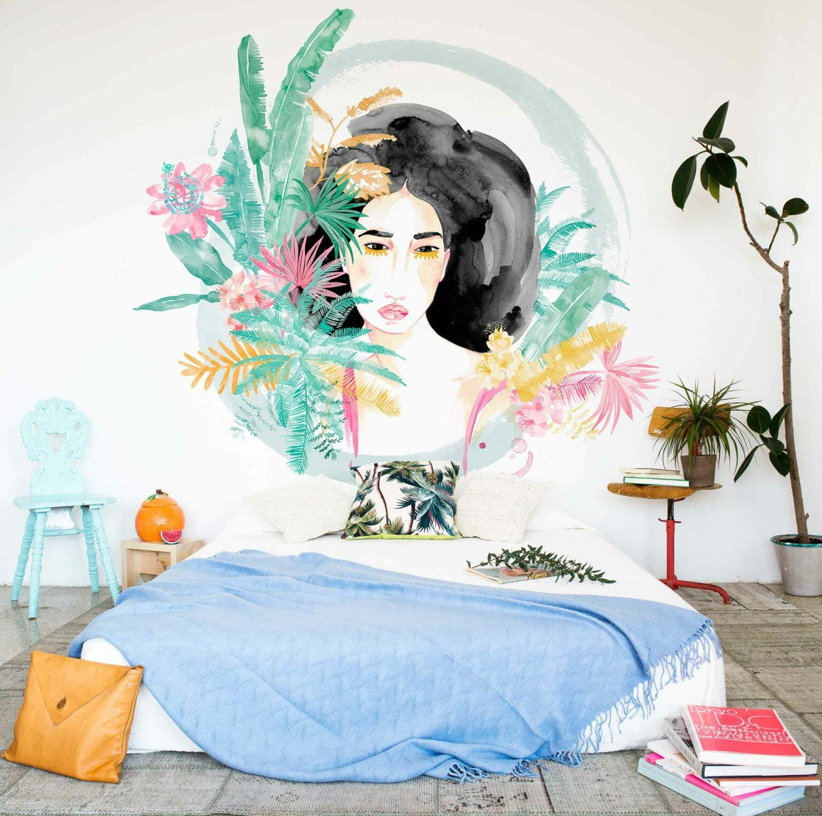 Lara Costafreda mural by Coordonné in Carmen, shown in a styled room