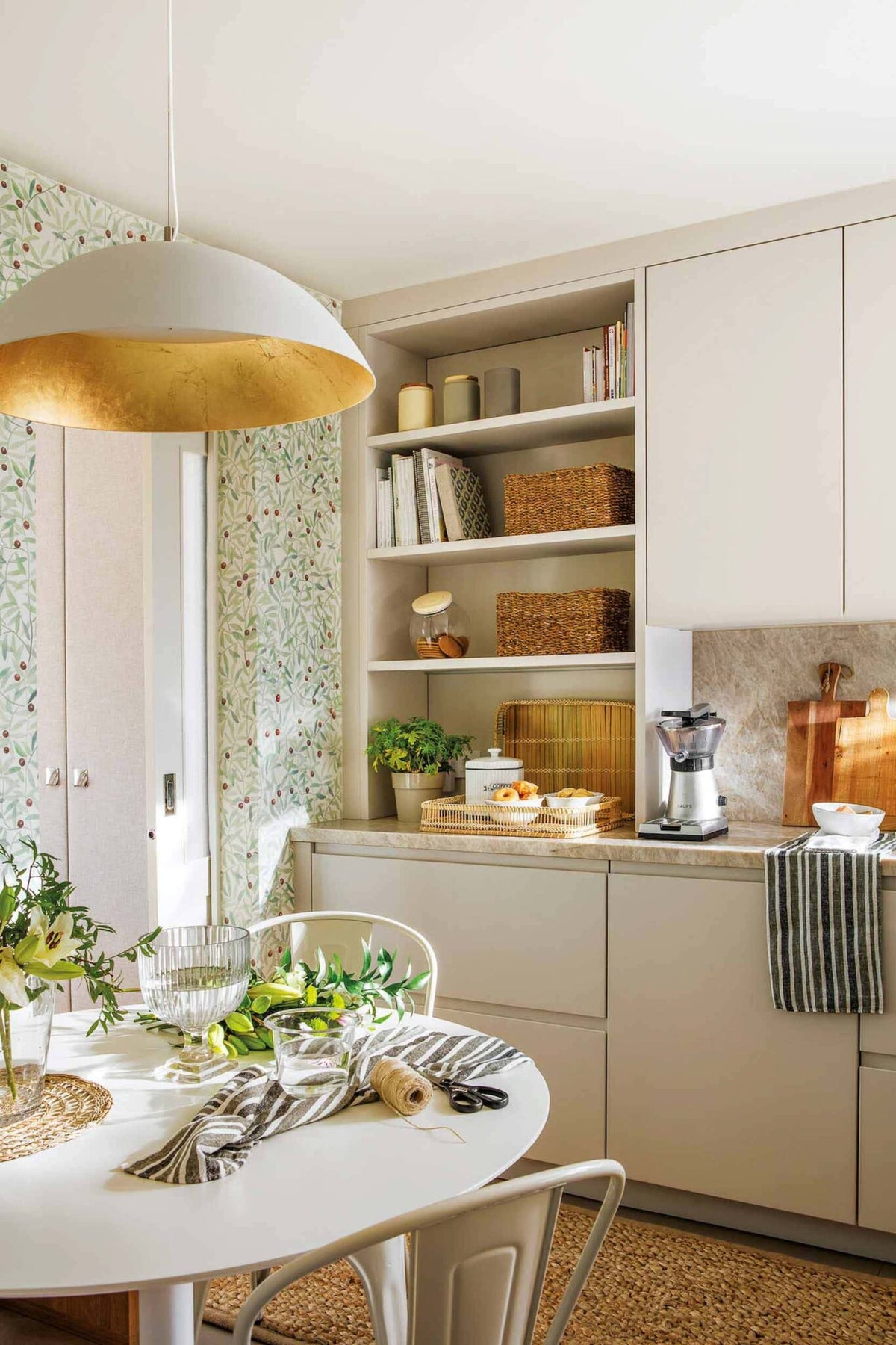 Leaf Craze wallpaper by Coordonné in White, shown in a styled room
