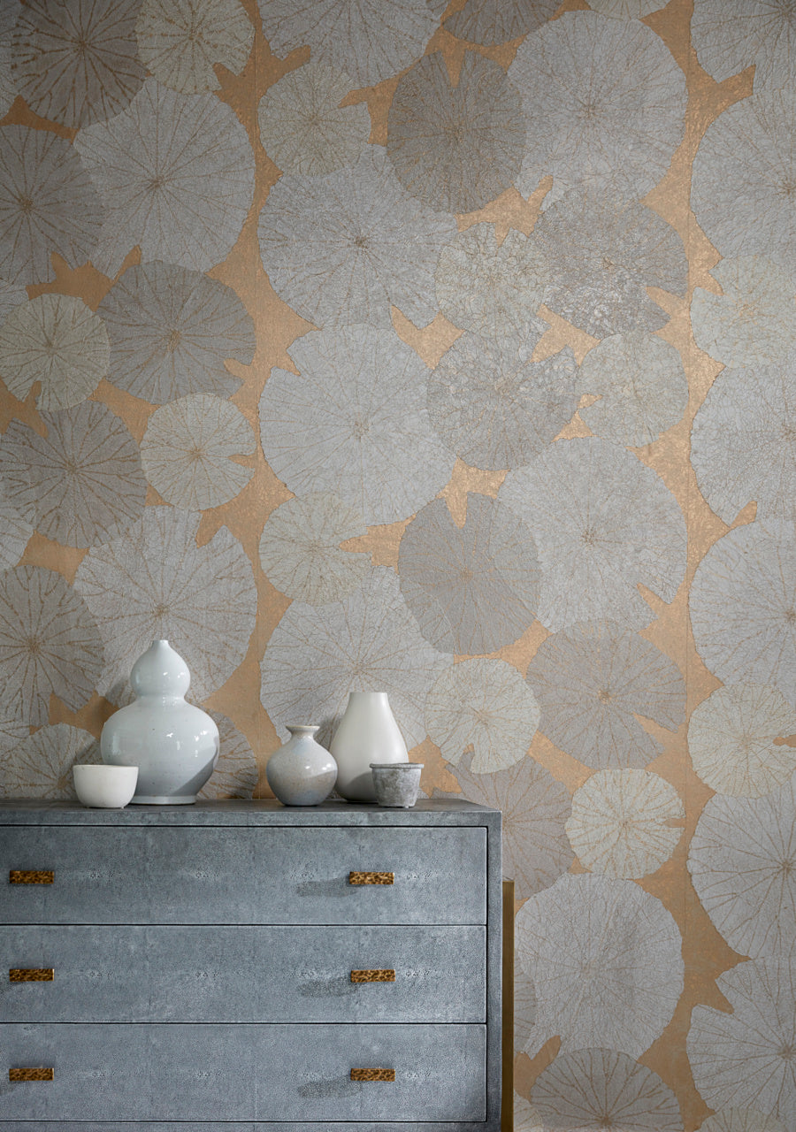Lilies Wallpaper by Phillip Jeffries in Enlightened Sage, shown installed in a room setting