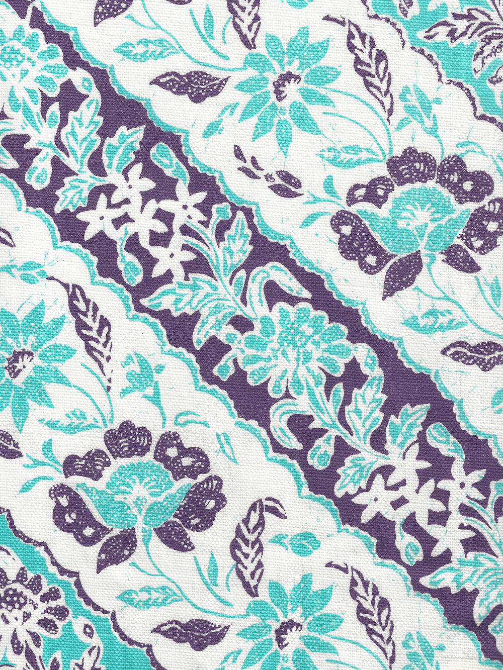 Lim Diagonal Turquoise Purple on White Linen / Cotton fabric by China Seas