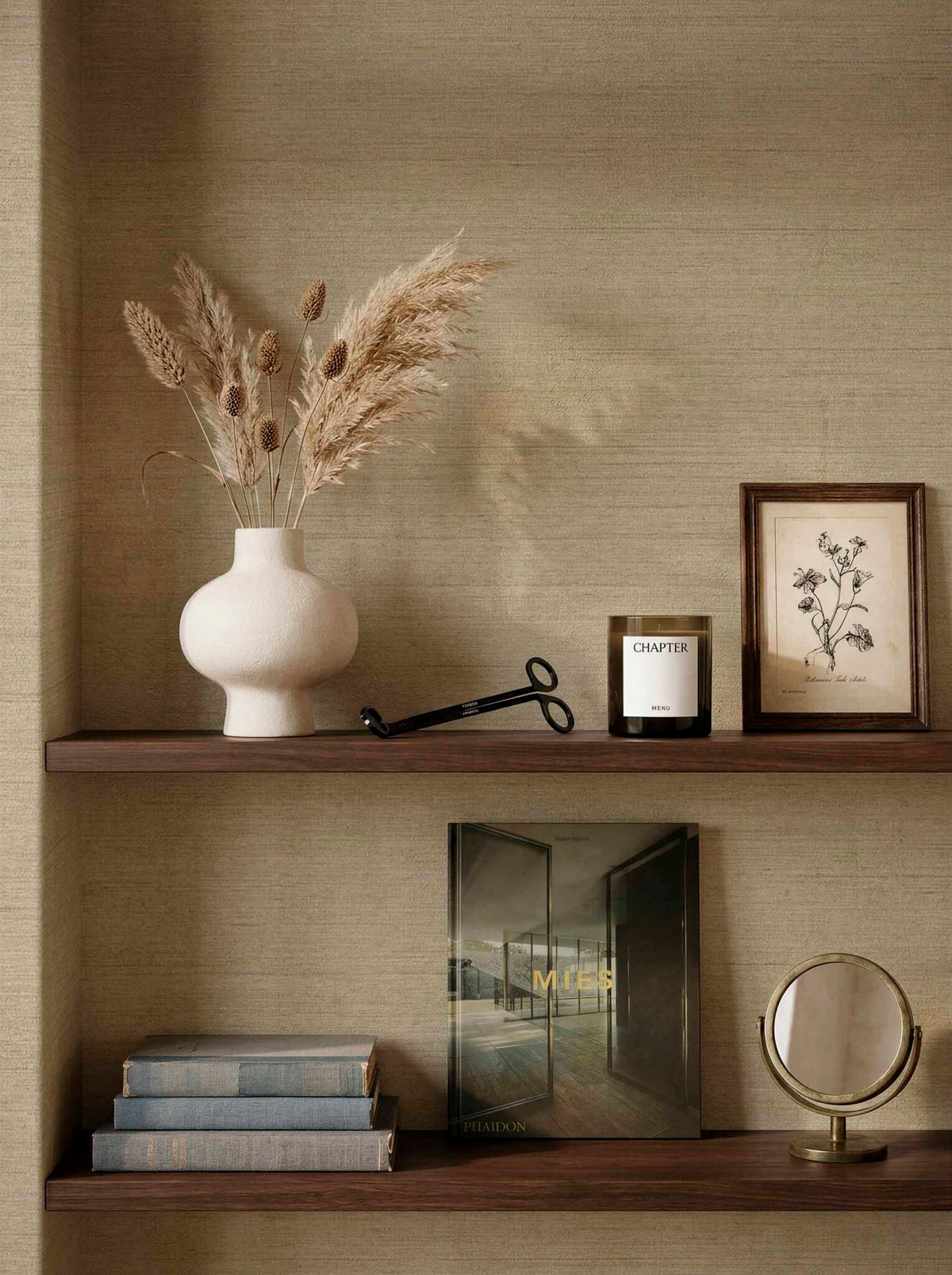 Linum-I contract wallcovering by Coordonné in Black 64945910, shown in a styled room