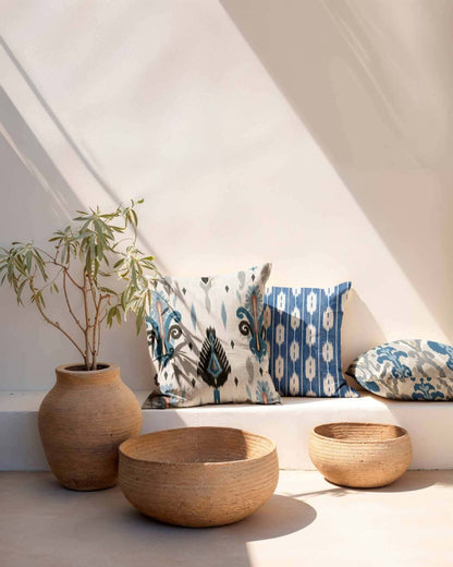 Llengües fabric by Coordonné in Blue, shown in a styled room