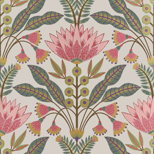 Lotus Wallpaper by Thibaut in Cranberry & Green (T14606)