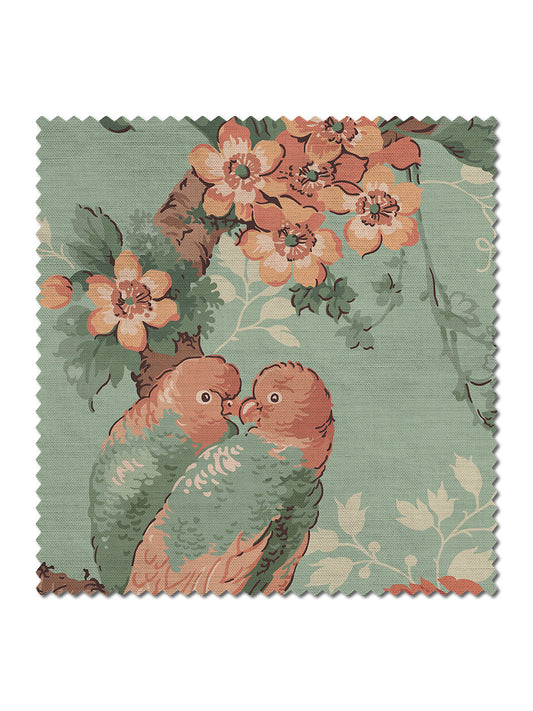 Lovebirds Linen Fabric by Divine Savages in Eggshell Green, pattern swatch
