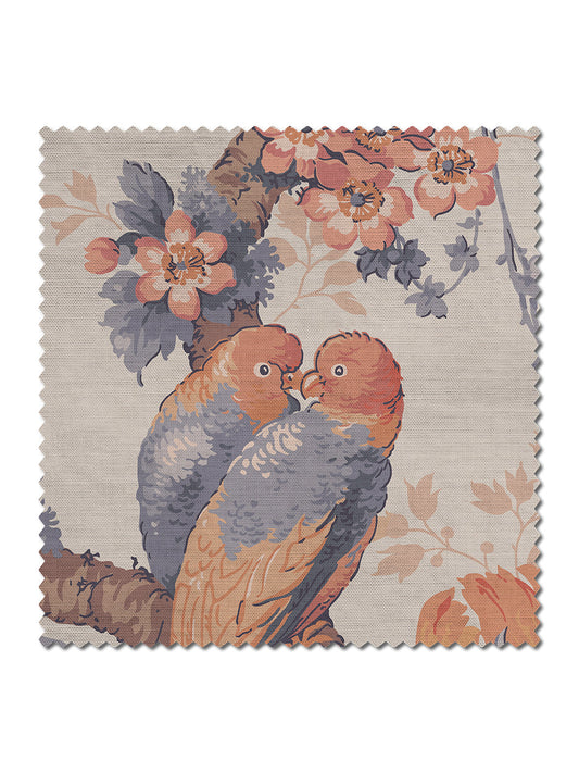 Lovebirds Linen Fabric by Divine Savages in Papaya, pattern swatch