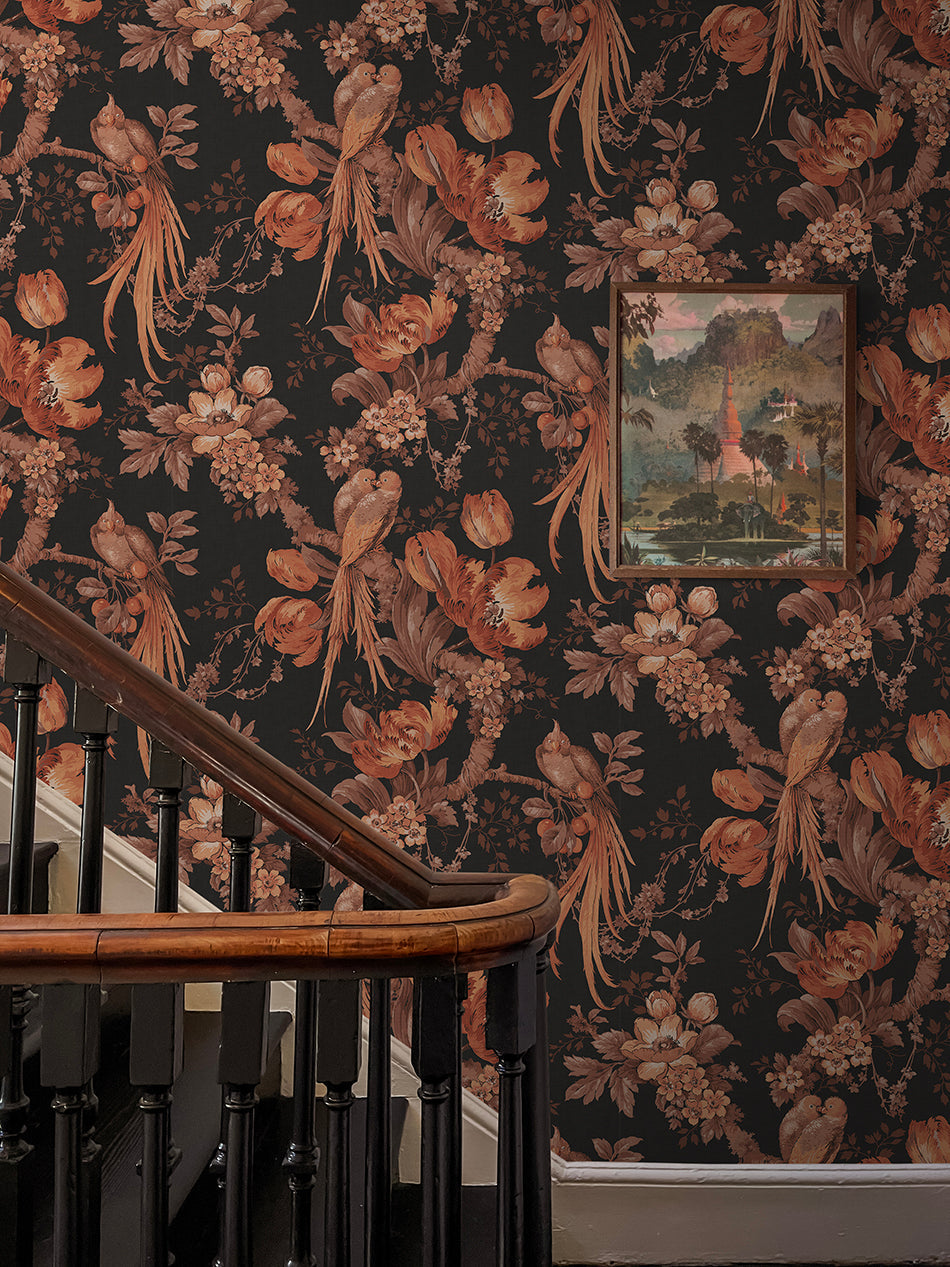 Lovebirds Wallpaper by Divine Savages in Black, room setting