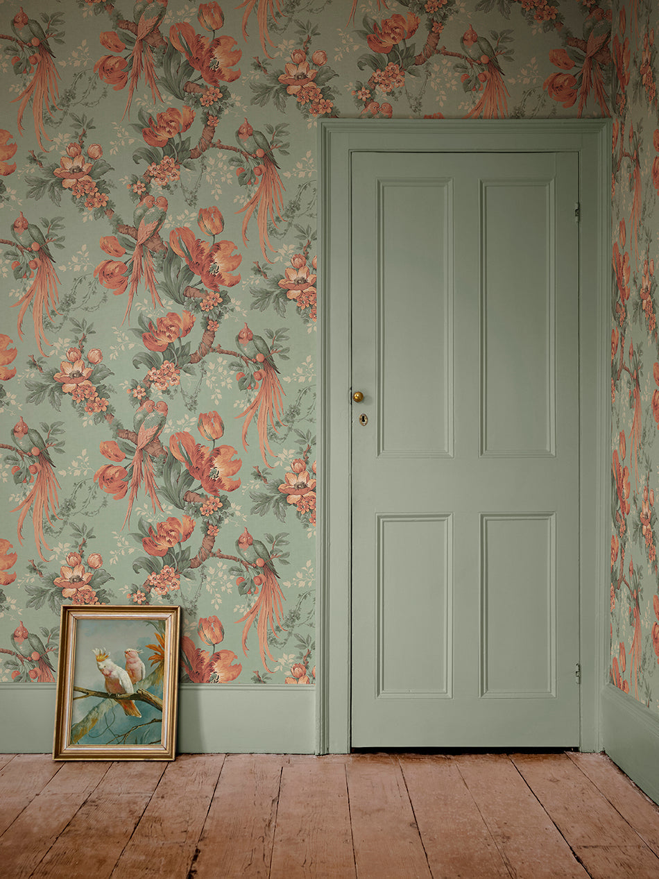 Lovebirds Wallpaper by Divine Savages in Eggshell Green, room setting