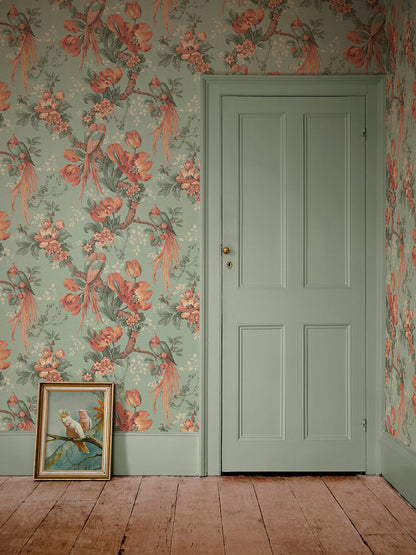 Lovebirds Wallpaper by Divine Savages in Eggshell Green, room setting