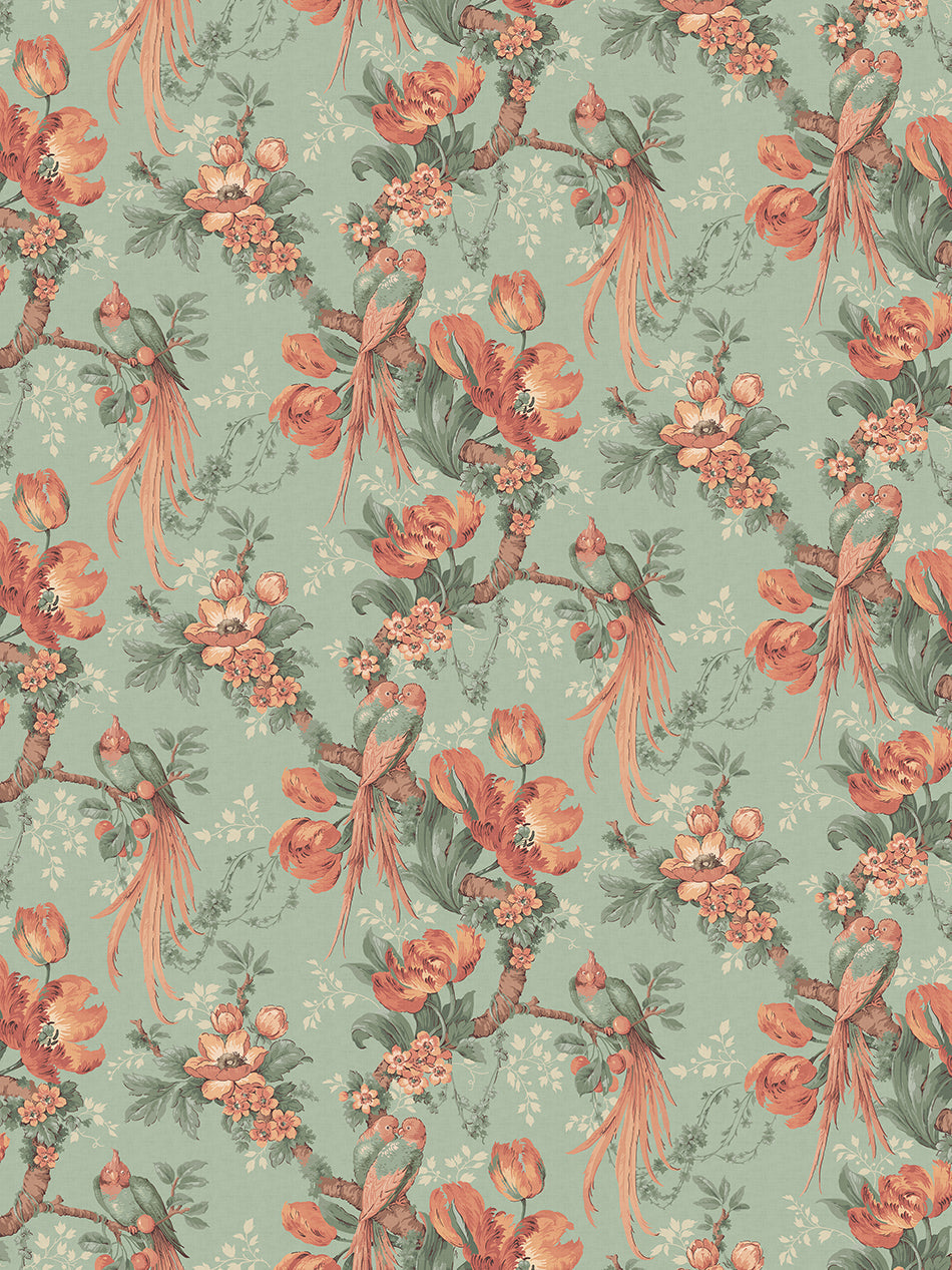 Lovebirds Wallpaper by Divine Savages in Eggshell Green, pattern swatch