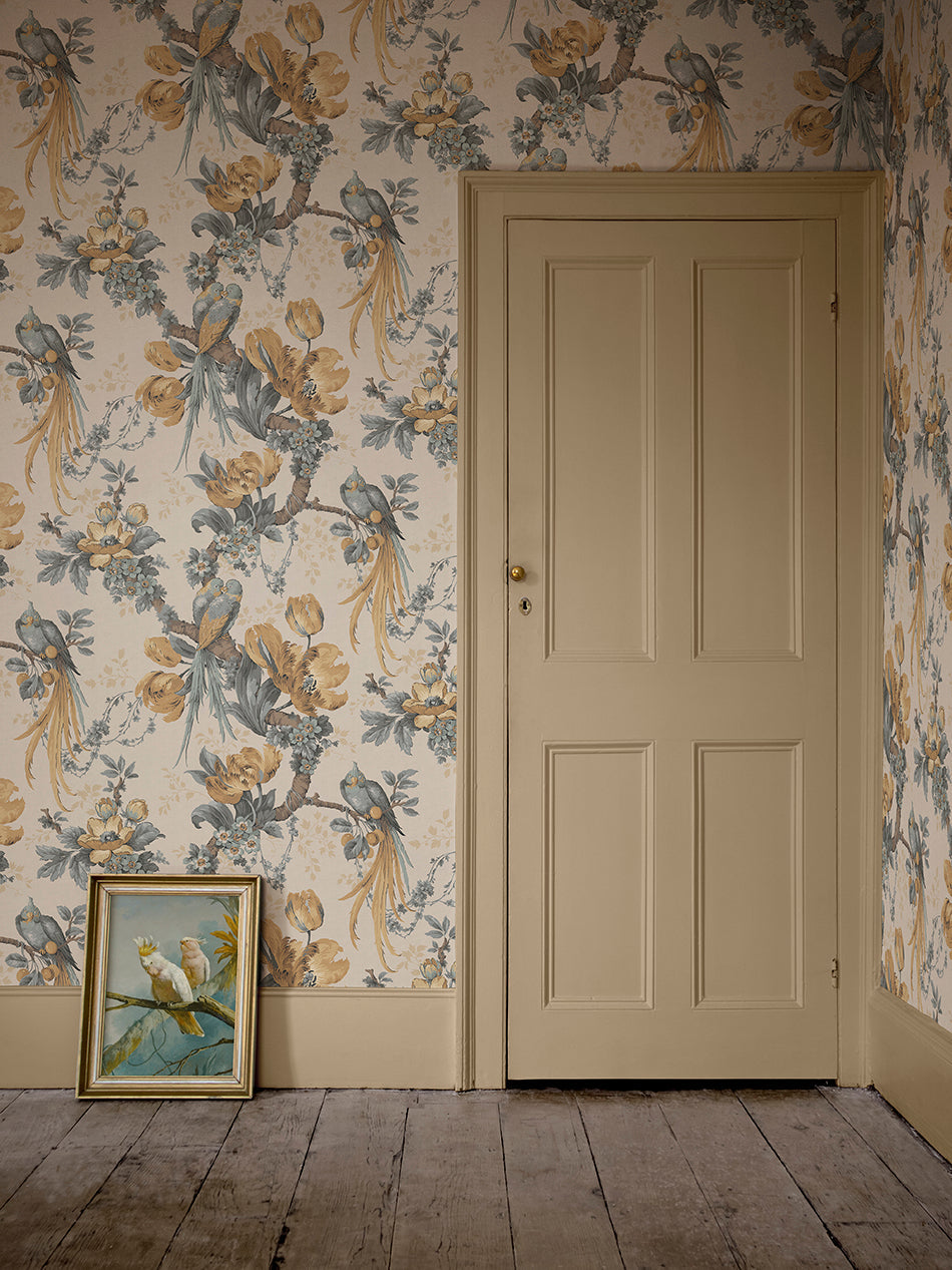 Lovebirds Wallpaper by Divine Savages in Honey, room setting