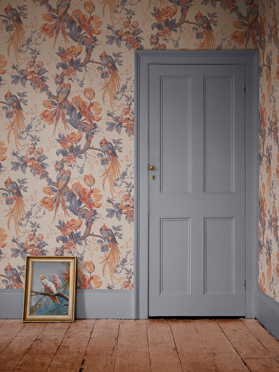 Lovebirds Wallpaper by Divine Savages in Papaya, room setting