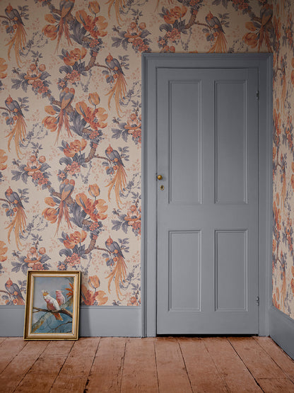 Lovebirds Wallpaper by Divine Savages in Papaya, room setting