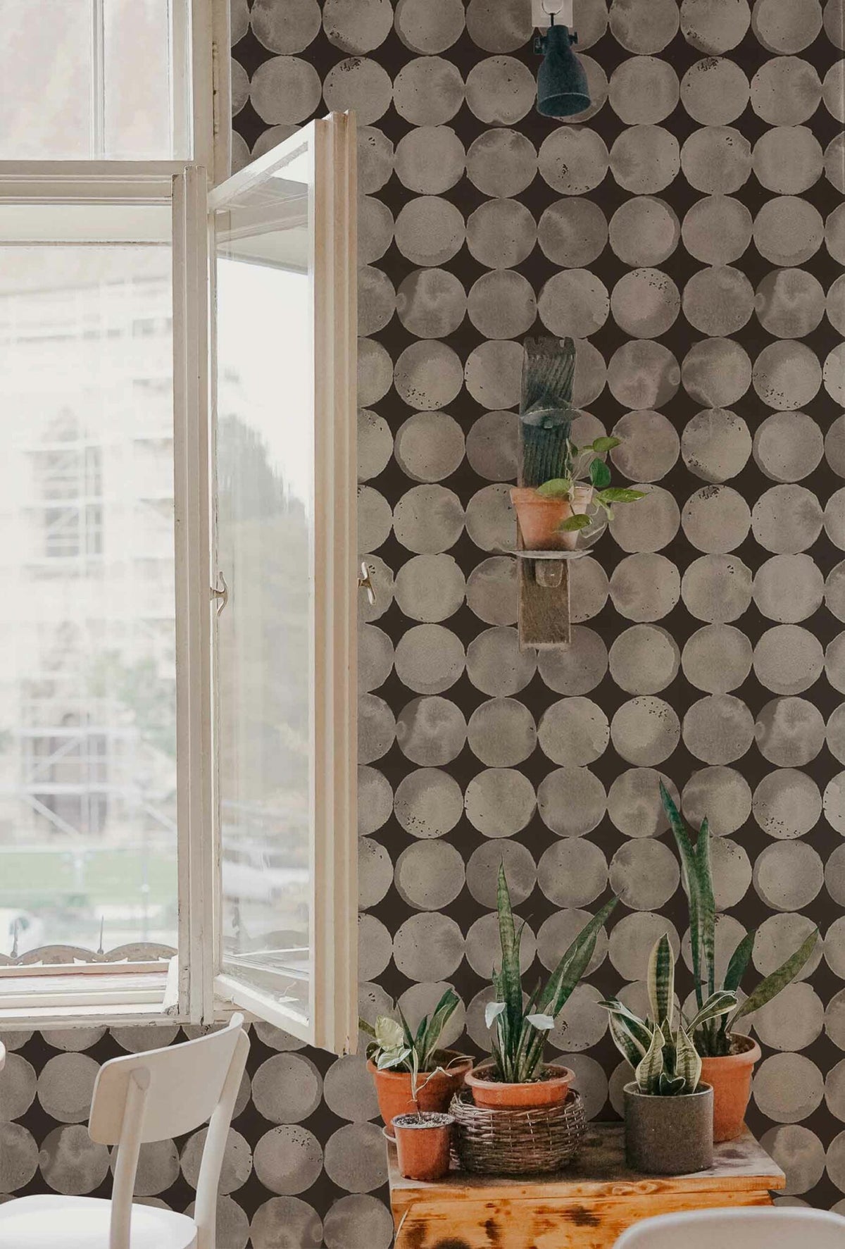 Luna Craters wallpaper by Coordonné in Dune, shown in a styled room