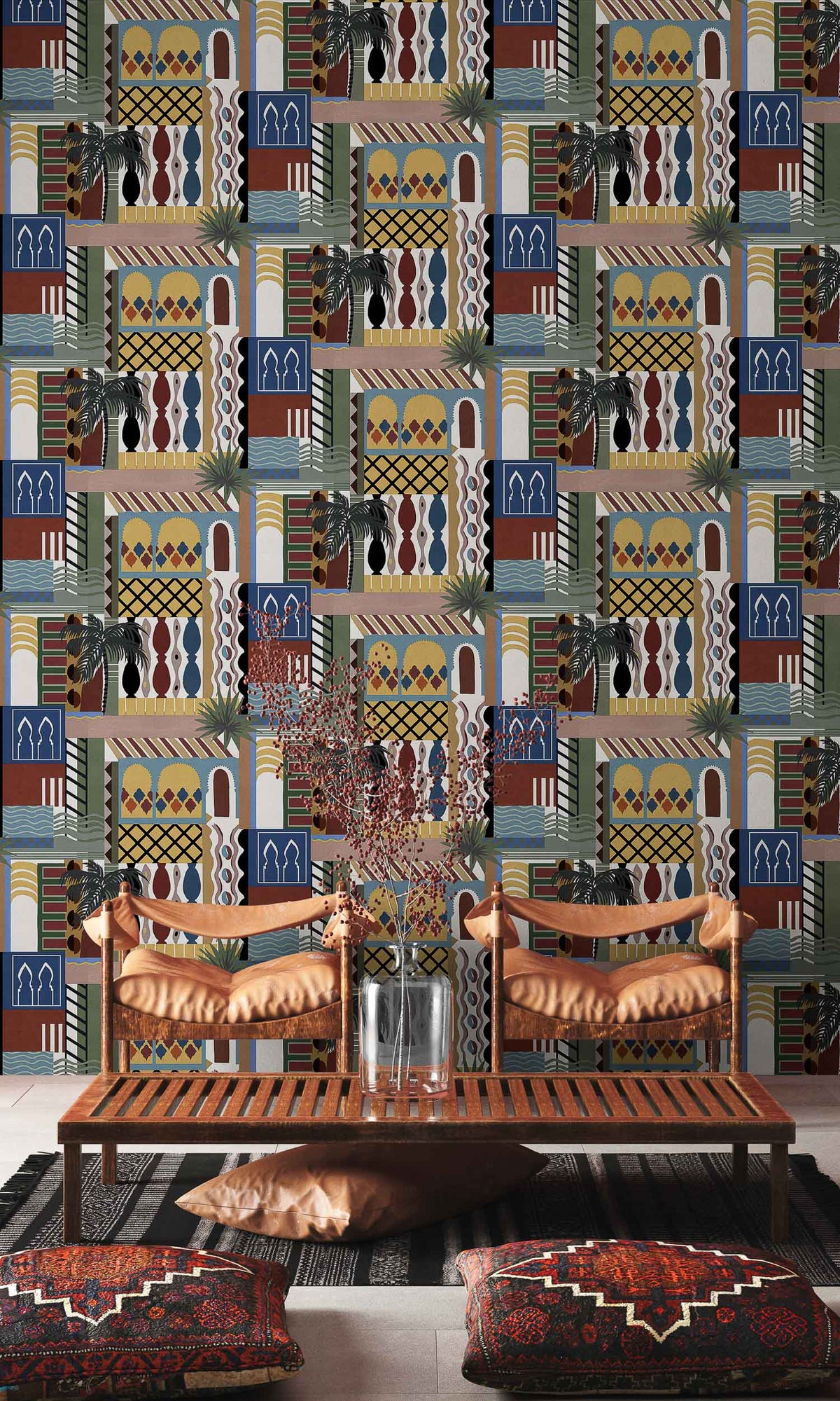 Majorelle wallpaper by Coordonné in Mustard, shown in a styled room