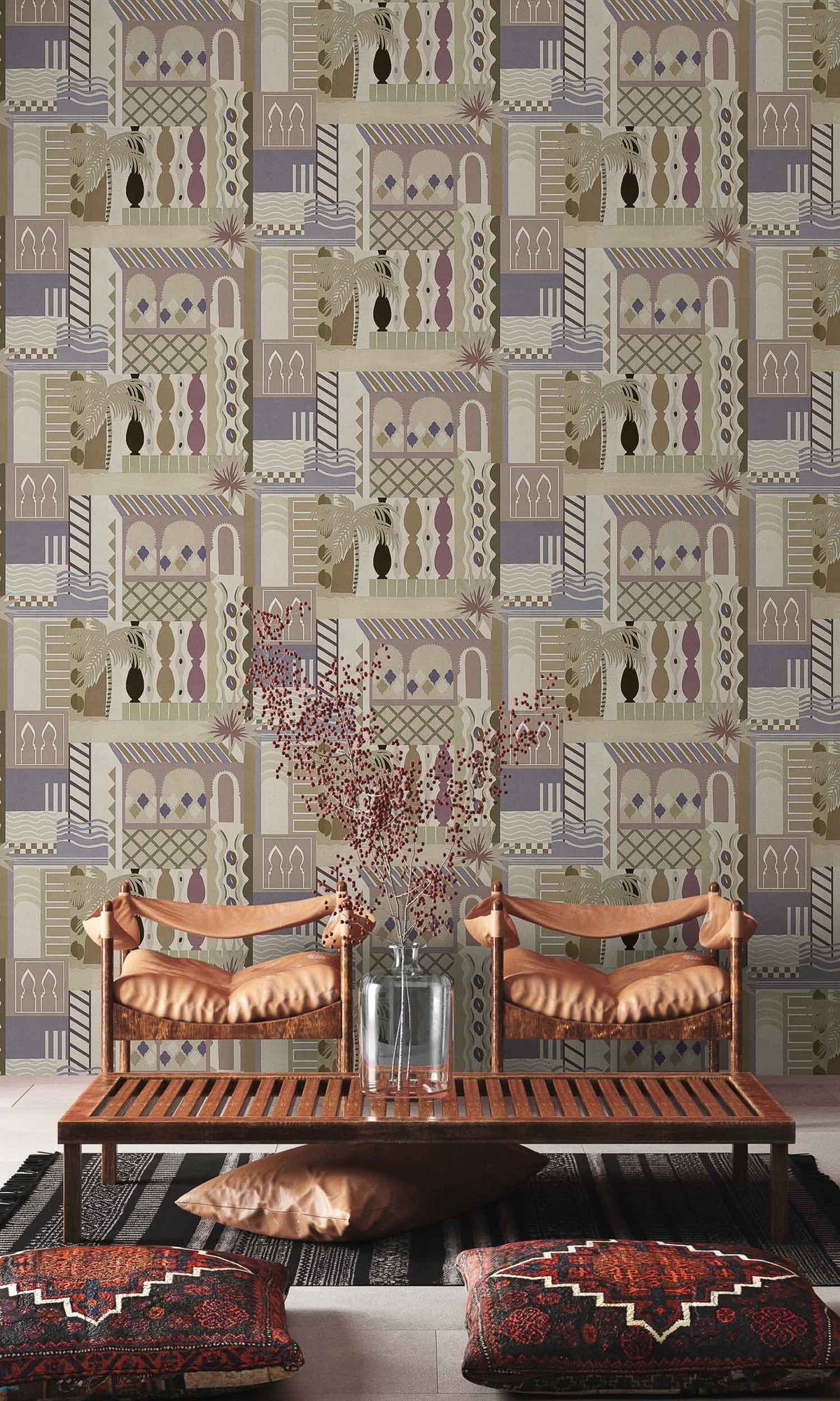 Majorelle wallpaper by Coordonné in Sand, shown in a styled room