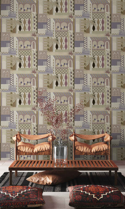 Majorelle wallpaper by Coordonné in Sand, shown in a styled room