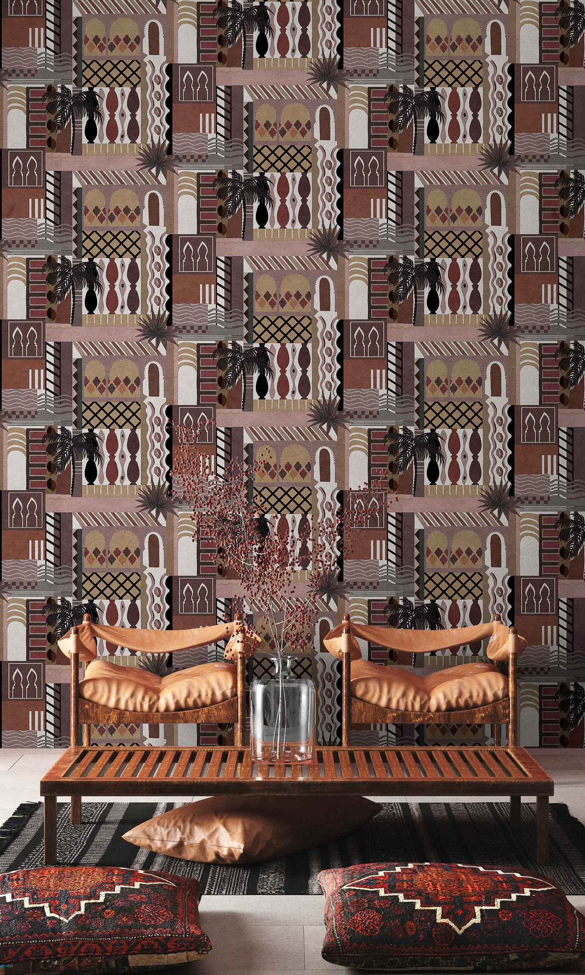 Majorelle wallpaper by Coordonné in Terracota, shown in a styled room