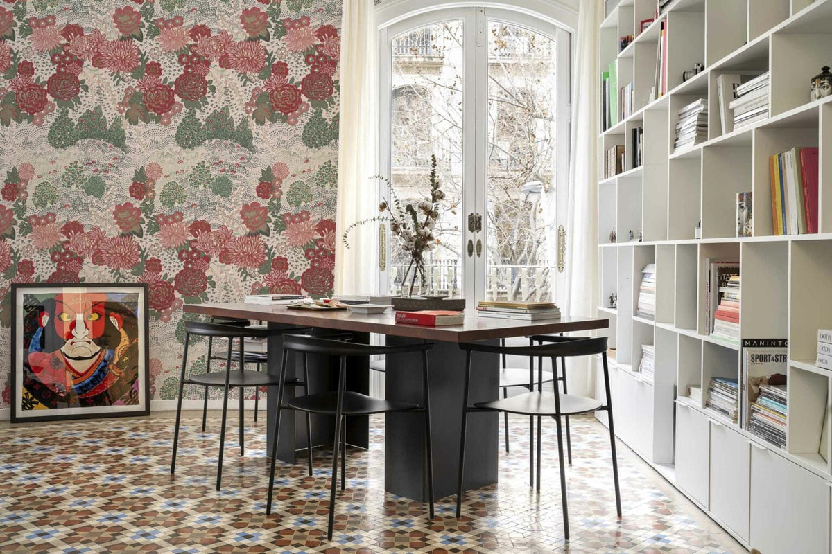 Maria Luisa wallpaper by Coordonné in Carmesí, shown in a styled room