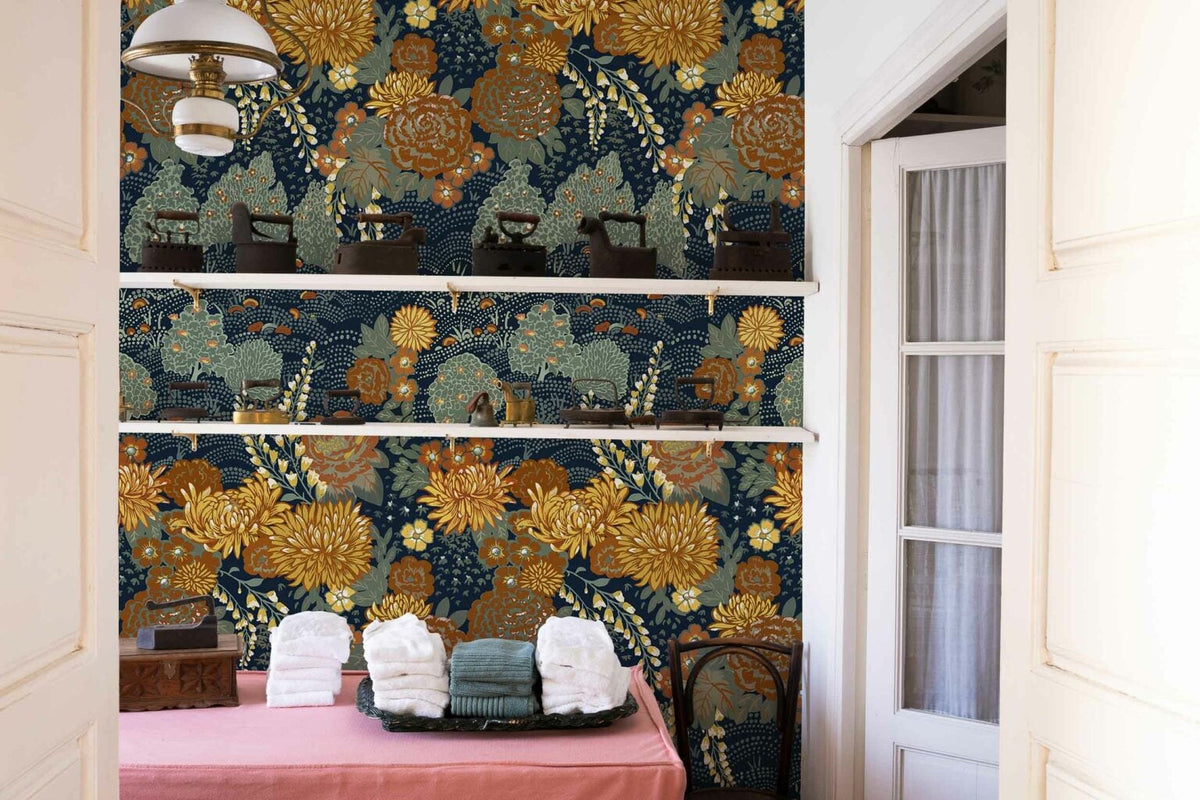 Maria Luisa wallpaper by Coordonné in Cúrcuma, shown in a styled room
