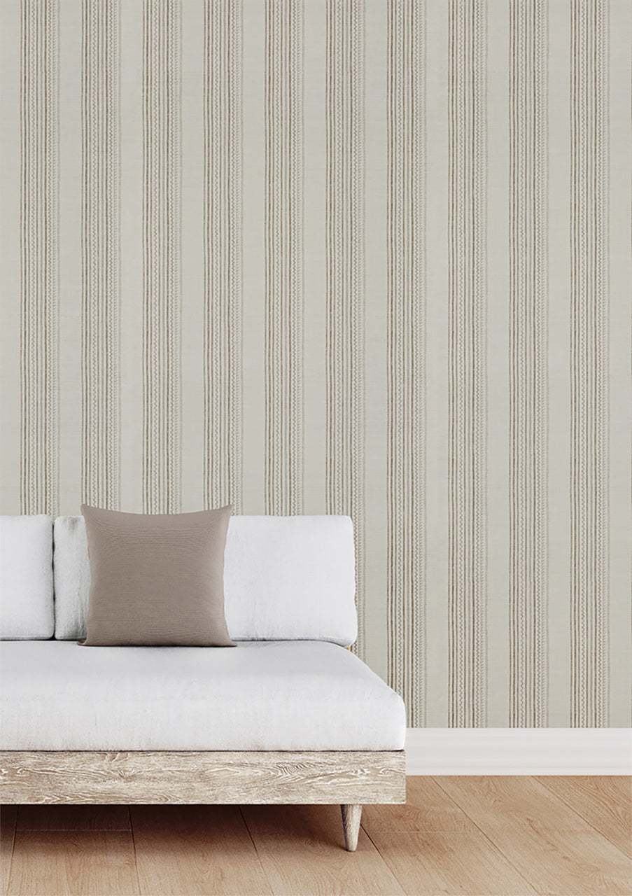 Maritime Stripe Wallpaper by Phillip Jeffries in Batten Brown, shown installed in a room setting