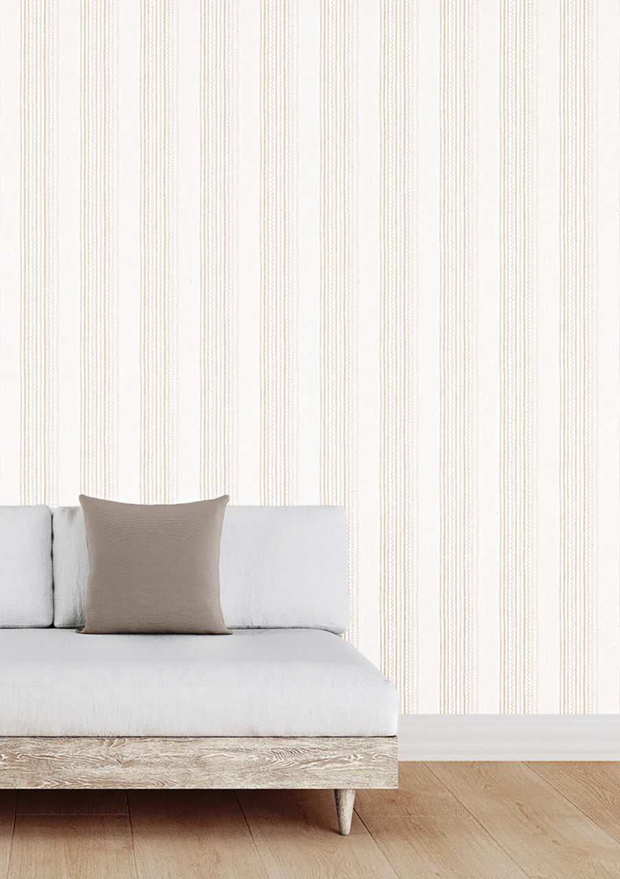 Maritime Stripe Wallpaper by Phillip Jeffries in Belay Biscuit, shown installed in a room setting